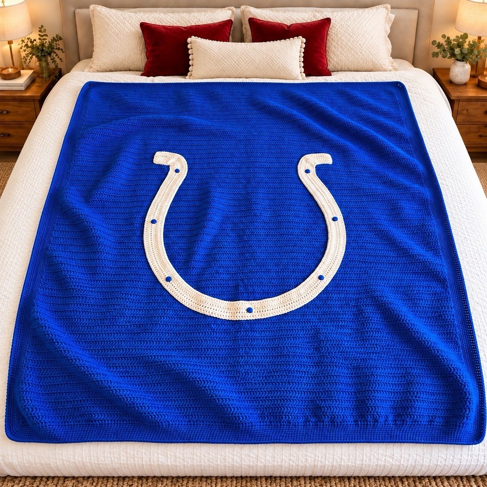 Handmade Crochet Afghan Indianapolis Colts Horseshoe Blue & White Blanket 57x70